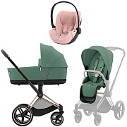 Коляска 3 в 1 Cybex Priam IV Rosegold complete и автокресло Cloud T i-Size Peach Pink Plus Leaf Green