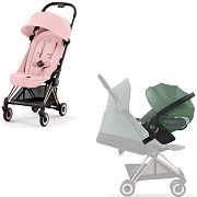 Коляска Cybex Coya Rosegold Frame Cloud T i-Size Leaf Green Plus Peach Pink с дождевиком и бампером