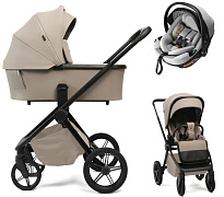 Детская коляска Peppy Monaco Plus 3 в 1 с автокреслом Welldon Crown 2 Grey Sandstone (песочный), рама черная