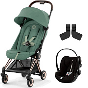 Коляска Cybex Coya Rosegold Frame Cloud G i-Size Moon Black Plus 2 в 1 Leaf Green с дождевиком и бампером