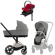 Коляска Cybex Priam IV Rosegold complete Aton B2 Dynamic Red Base One 3 в 1 Mirage Grey