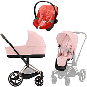 Коляска 3 в 1 Cybex Priam IV Rosegold complete и автокресло Aton S2 i-Size Hibiscus Red Peach Pink