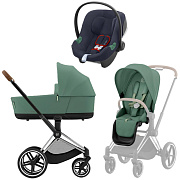 Коляска 3 в 1 Cybex Priam IV Chrome Brown complete и автокресло Aton B2 i-Size Bay Blue Leaf Green