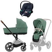 Коляска 3 в 1 Cybex Priam IV Chrome Brown complete и автокресло Aton S2 i-Size Ocean Blue Leaf Green