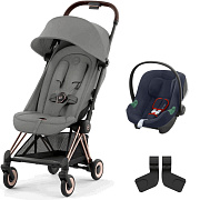 Коляска Cybex Coya Rosegold Frame Aton B2 i-Size Bay Blue Mirage Grey с дождевиком и бампером