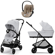 Коляска Cybex Melio Carbon Cloud T i-Size Cozy Beige Plus 3 в 1 Fog Grey с дождевиком