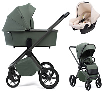 Детская коляска Peppy Monaco Plus 3 в 1 с автокреслом Rise Milk Oliva Green (зеленый), рама серая