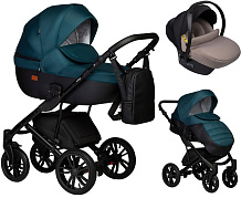 Детская коляска Indigo Mio S 3 в 1 с автокреслом Avionaut Cosmo Beige 06 черная кожа+изумрудный