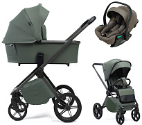 Детская коляска Peppy Monaco Plus 3 в 1 с автокреслом Jet Brown Oliva Green (зеленый), рама серая
