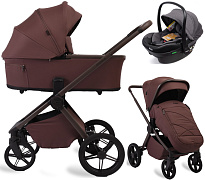 Детская коляска Peppy Monaco Plus 3 в 1 с автокреслом Jovikids Aria Black Burgundy (винный), рама коричневая