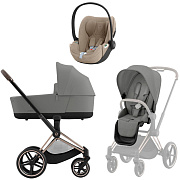 Коляска 3 в 1 Cybex Priam IV Rosegold complete и автокресло Cloud T i-Size Cozy Beige Plus Mirage Grey