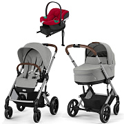 Коляска Cybex Balios S Lux SLV complete Aton B2 Dynamic Red Base One 4 в 1 Stone Grey с дождевиками