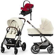 Коляска Cybex Balios S Lux TPE complete Aton B2 Dynamic Red Base One 4 в 1 Seashell Beige с дождевиками