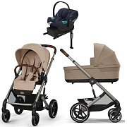 Коляска Cybex Balios S Lux TPE complete Aton S2 Ocean Blue Base One 4 в 1 Almond Beige с дождевиками
