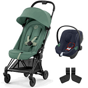 Коляска Cybex Coya Matt Black Frame Aton B2 i-Size Bay Blue Leaf Green с дождевиком и бампером