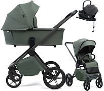 Детская коляска Peppy Monaco Plus 4 в 1 с автокреслом Jovikids Aria Black и базой Oliva Green (зеленый), рама серая
