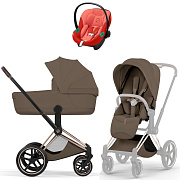 Коляска Cybex Priam V Rosegold Style Aton S2 Hibiscus Red 3 в 1 Coconut Brown