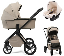 Детская коляска Peppy Monaco Plus 3 в 1 с автокреслом Rise Milk Sandstone (песочный), рама черная