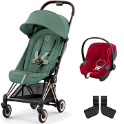 Коляска Cybex Coya Rosegold Frame Aton B2 i-Size Dynamic Red Leaf Green с дождевиком и бампером