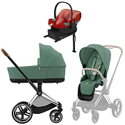 Коляска Cybex Priam IV Chrome Brown complete Aton S2 Hibiscus Red Base One 4 в 1 Leaf Green