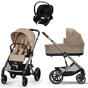Коляска Cybex Balios S Lux TPE complete Aton S2 Moon Black 3 в 1 Almond Beige с дождевиками