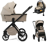 Детская коляска Peppy Monaco Plus 4 в 1 с автокреслом Welldon Crown 2 Beige и базой Sandstone (песочный), рама черная