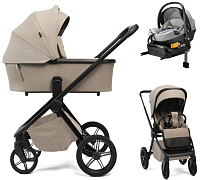 Детская коляска Peppy Monaco Plus 4 в 1 с автокреслом Welldon Crown 2 Grey и базой Sandstone (песочный), рама черная
