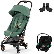 Коляска Cybex Coya Rosegold Frame Aton S2 i-Size Moon Black Leaf Green с дождевиком и бампером
