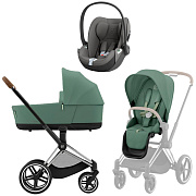 Коляска 3 в 1 Cybex Priam IV Chrome Brown complete и автокресло Cloud T i-Size Mirage Grey Leaf Green