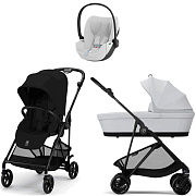 Коляска Cybex Melio Carbon Cloud T i-Size Platinum White Plus 3 в 1 Magic Black с дождевиком/Fog Grey