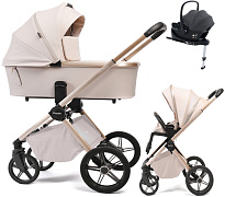 Детская коляска Peppy Monaco Plus 4 в 1 с автокреслом Jovikids Aria Black и базой Beige (бежевый), рама беж, шлифованный алюминий