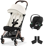 Коляска Cybex Coya Rosegold Frame Aton B2 i-Size Volcano Black Off White с дождевиком и бампером