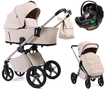 Детская коляска Peppy Monaco Plus 3 в 1 с автокреслом First Black Cream (кремовый), рама бежевая