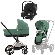 Коляска 3 в 1 Cybex Priam IV Rosegold complete и автокресло Aton B2 i-Size Volcano Black Leaf Green