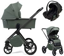 Детская коляска Peppy Monaco Plus 3 в 1 с автокреслом Jet Black Oliva Green (зеленый), рама серая