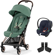 Коляска Cybex Coya Rosegold Frame Aton B2 i-Size Bay Blue Leaf Green с дождевиком и бампером