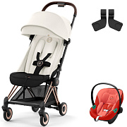 Коляска Cybex Coya Rosegold Frame Aton S2 i-Size Hibiscus Red Off White с дождевиком и бампером