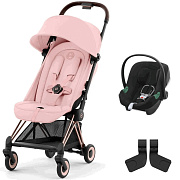 Коляска Cybex Coya Rosegold Frame Aton B2 i-Size Volcano Black Peach Pink с дождевиком и бампером