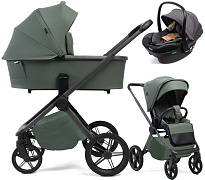 Детская коляска Peppy Monaco Plus 3 в 1 с автокреслом Jovikids Aria Black Oliva Green (зеленый), рама серая
