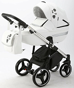 Детская коляска Adamex Cortina Deluxe 2 в 1 CT301 (БЕЛ.КОЖА+СЕРЕБ.ОТДЕЛКА+ ХРОМ РАМА)