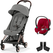 Коляска Cybex Coya Rosegold Frame Aton B2 i-Size Dynamic Red Mirage Grey с дождевиком и бампером