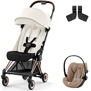 Коляска Cybex Coya Rosegold Frame Cloud G i-Size Almond Beige Plus Off White с дождевиком и бампером