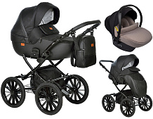 Детская коляска Indigo Porto Classic 14 3 в 1 с автокреслом Avionaut Cosmo Beige Po 08 черная кожа+черный узор