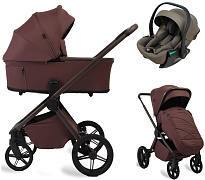 Детская коляска Peppy Monaco Plus 3 в 1 с автокреслом Jet Brown Burgundy (винный), рама коричневая