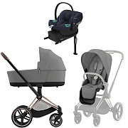 Коляска Cybex Priam IV Rosegold complete Aton S2 Ocean Blue Base One 4 в 1 Mirage Grey