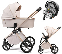 Детская коляска Peppy Monaco Plus 3 в 1 с автокреслом Welldon Crown 2 Grey Beige (бежевый), рама беж, шлифованный алюминий