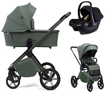 Детская коляска Peppy Monaco Plus 3 в 1 с автокреслом Rise Black Oliva Green (зеленый), рама серая