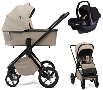 Детская коляска Peppy Monaco Plus 3 в 1 с автокреслом Rise Black Sandstone (песочный), рама черная