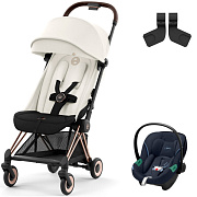 Коляска Cybex Coya Rosegold Frame Aton S2 i-Size Ocean Blue Off White с дождевиком и бампером