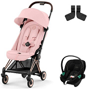 Коляска Cybex Coya Rosegold Frame Aton S2 i-Size Moon Black Peach Pink с дождевиком и бампером